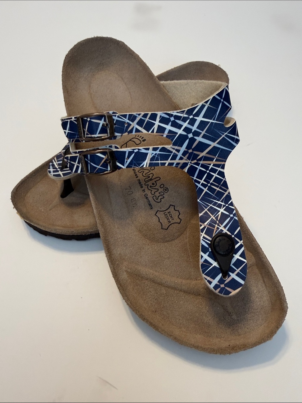 Birki’s Navy Patterned Thong Sandals with Adjustable Buckles-never worn